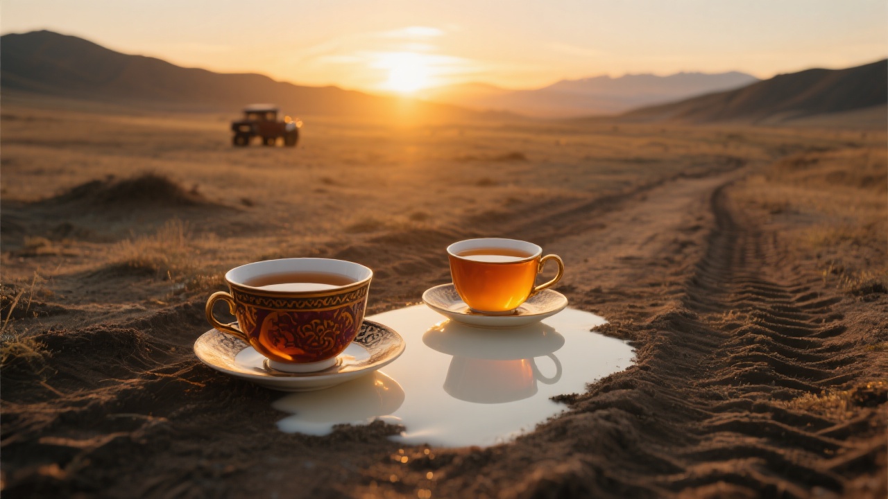夕阳金辉洒在茶杯与车辙之间，茶色渐浓倒映奶与茶交汇，展现永恒安宁的哈萨克茶文化，荒原背景宁静祥和。
