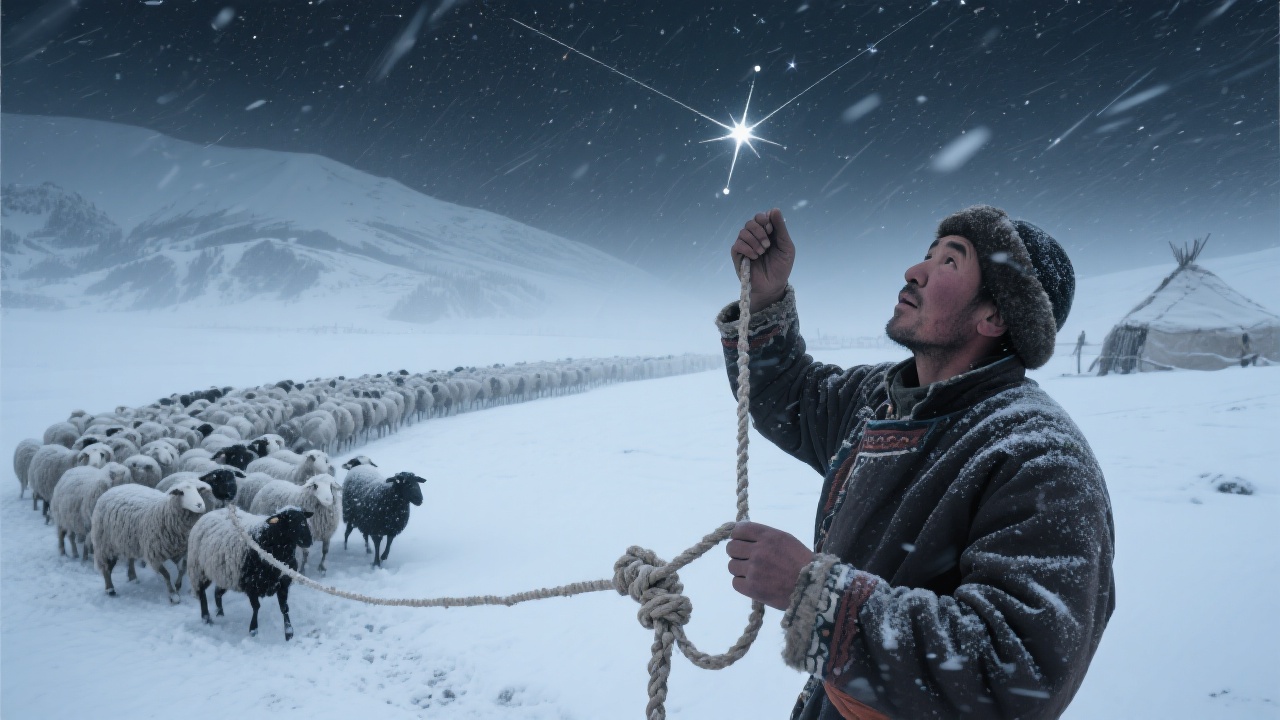 暴风雪环境中，牧人抬头比对绳结星位与北斗七星偏移，指挥部落迁移避险，风雪漫天，羊群跟随，绳结扭曲半掌指向新牧道。