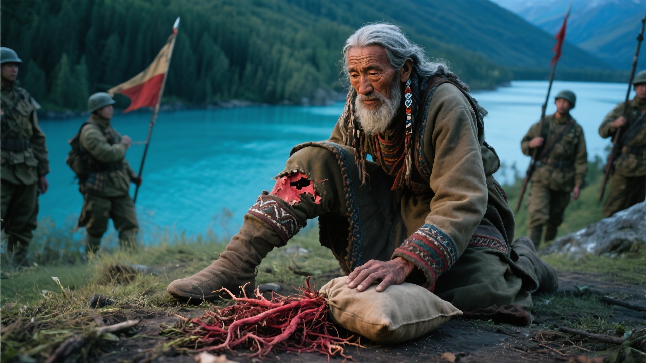 老萨满跪压赤芍草药于士兵碎裂膝盖，药囊鼓荡如战旗，士兵眼中映出喀纳斯湖的蓝光