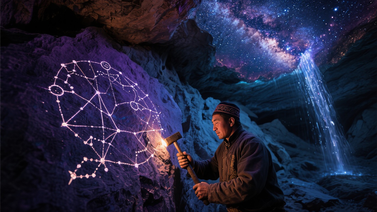匠人巴图手持锤錾，在岩壁上雕刻星图，紫微垣、玉衡柄等星座化作光影，矿脉流光似天河倾泻，洞顶倒悬灿烂星河。