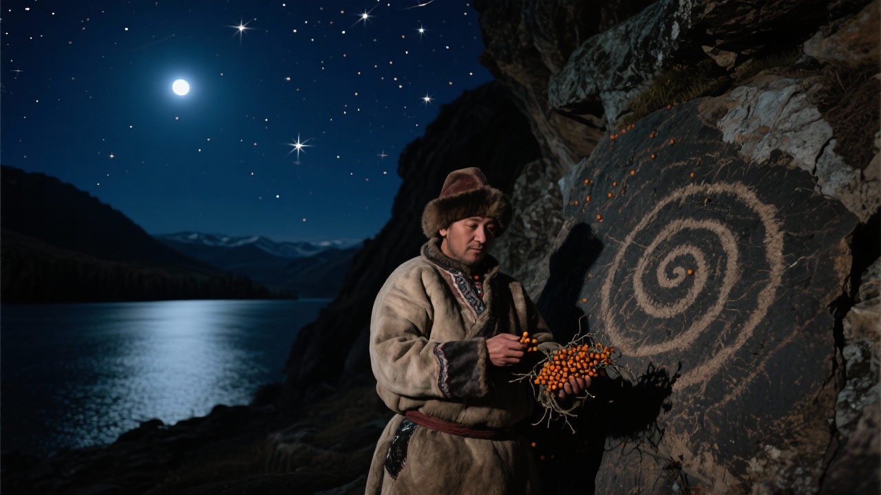 月夜场景，游牧者托布罕在喀纳斯湖岩窟前，手持沙棘种实对照岩画螺旋纹。夜空北斗星闪耀，玉轮初升。