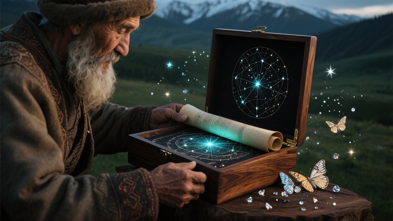 老牧人将复刻好的磷光星图卷轴放入黑胡桃木匣，匣旁漂浮着细微蛾鳞和碎钻般星光尘埃。